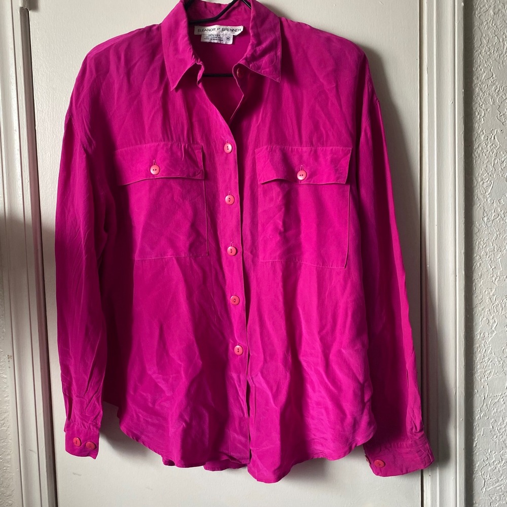 Eleanor P Brenner Fuchsia Pink 100% Silk Button Down Blouse Long Sleeve Medium